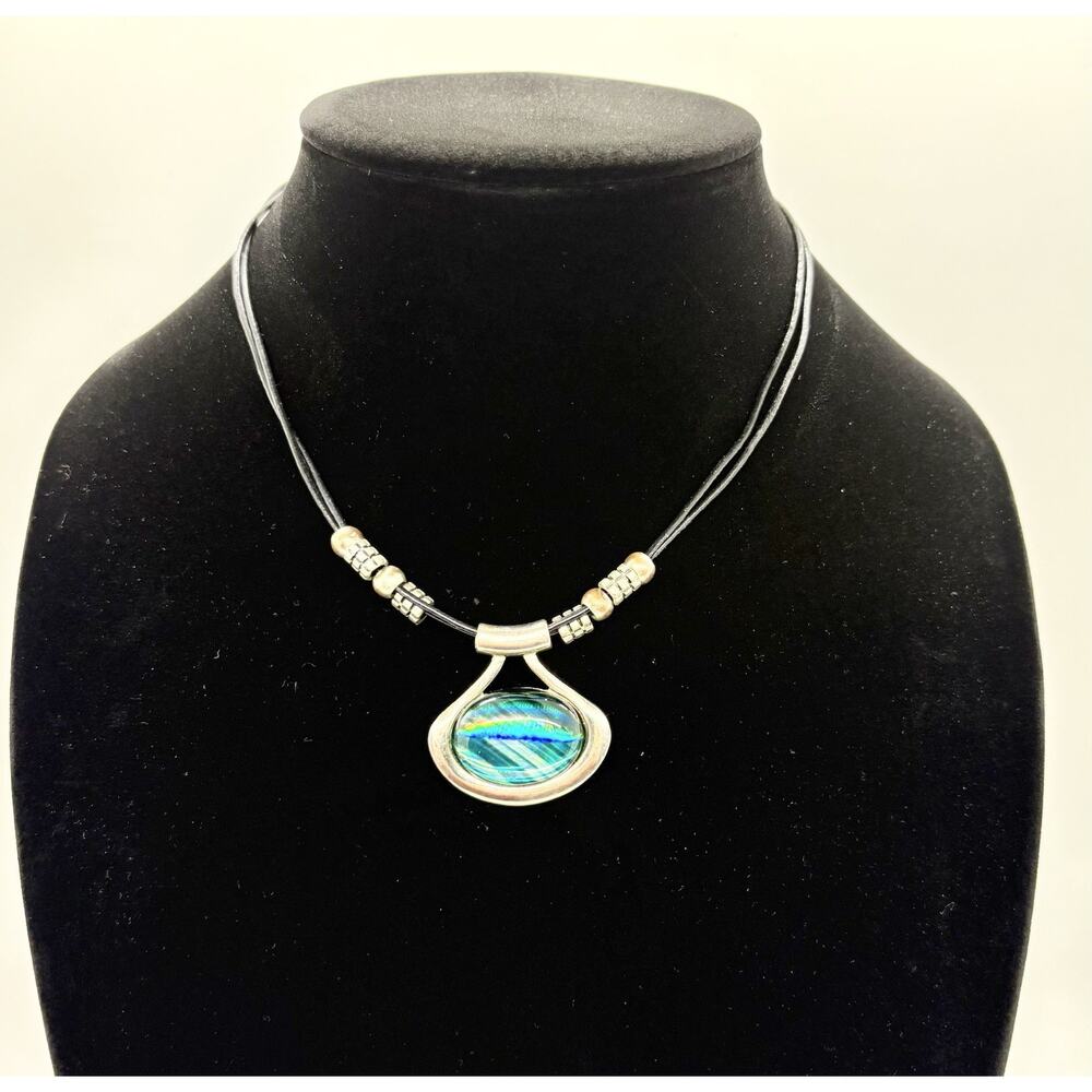 High Dome Blue Dichroic Blue Necklace Art Glass Pendant Vintage Leather Corded